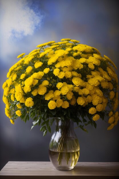 A Vase Filled With Yellow Flowers On Top Of A Table