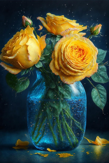 Vase filled with yellow roses sitting on a table generative ai