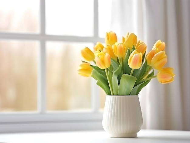 A vase filled with yellow tulip flowers on a white table