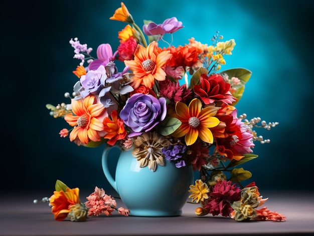 色とりどりの花の美しい花束を持つ花瓶の花
