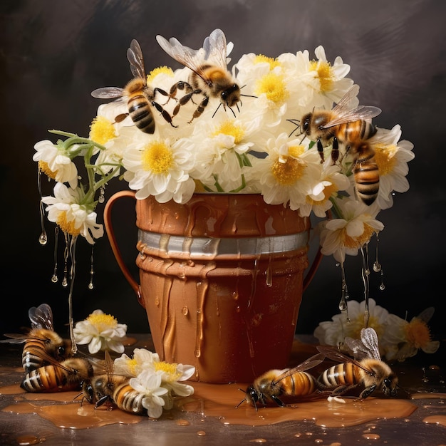 A vase of flowers and bees collecting honey