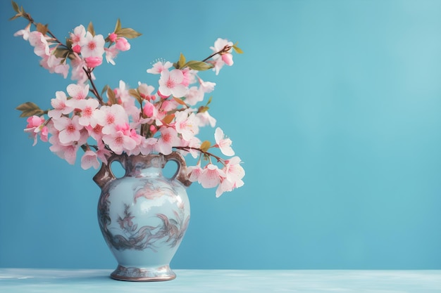 A vase of flowers on a blue background