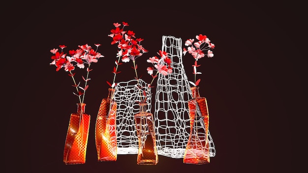 Vase of flowers on a dark background interior design 3D rendering
