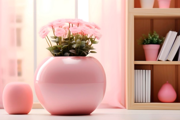 A vase of flowers on the floor near the sofa Pink soft modern interior AI Generated