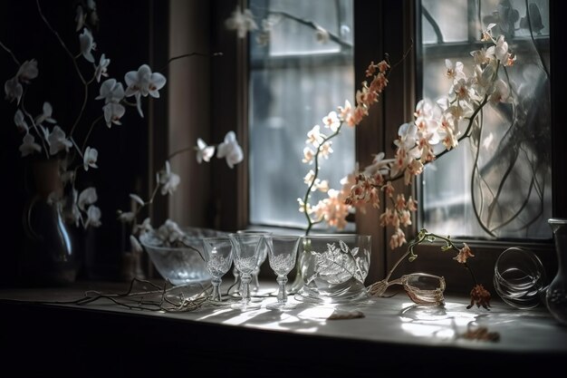 Photo a vase of flowers and glasses sit on a windowsill with a vase of flowers.