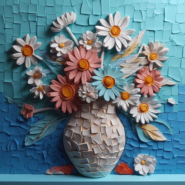 A vase of flowers is on a blue background with a white and pink daisy.