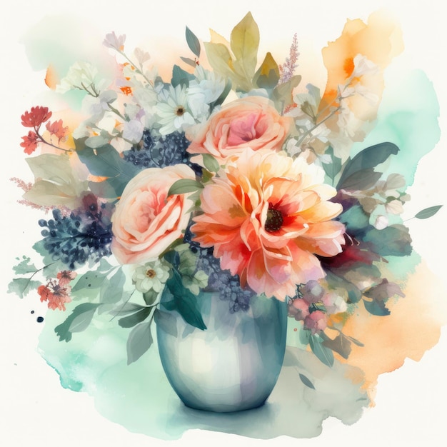 A vase of flowers is filled with flowers and a blue and green flower.