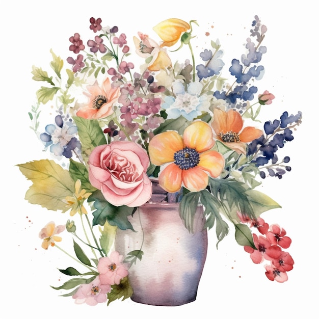 A vase of flowers is filled with flowers and a blue and pink flower.