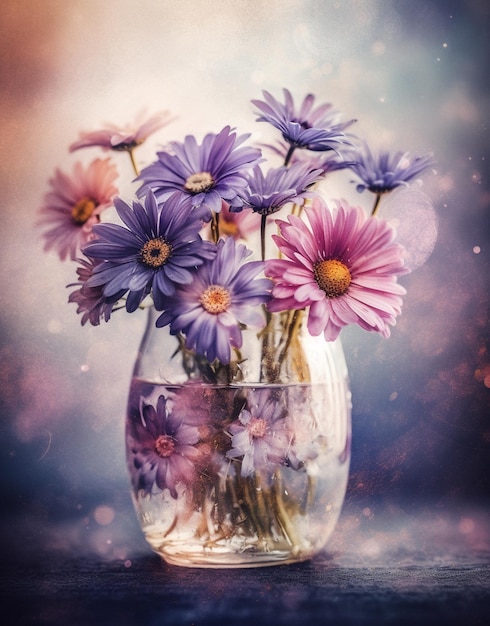 A vase of flowers is filled with water and the word " flowers " is on a table.