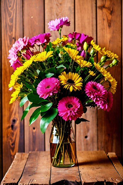 A vase of flowers is filled with water and a yellow, pink, and purple daisy.