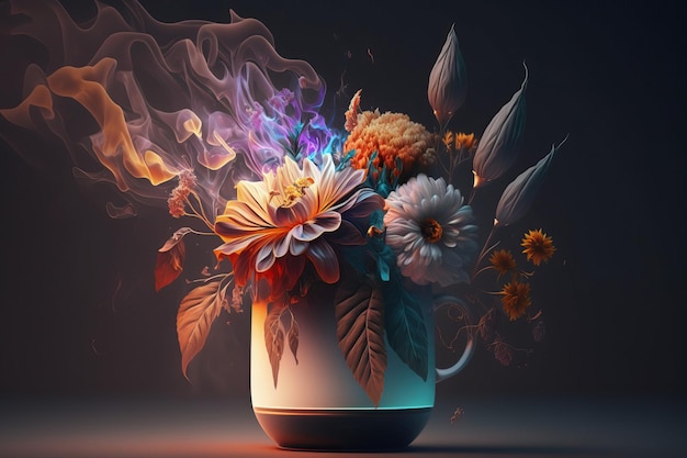 A vase of flowers is lit up with a smoke effect.