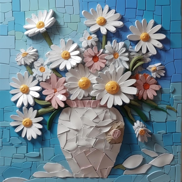 A vase of flowers is made of mosaics and has a white flower in it.