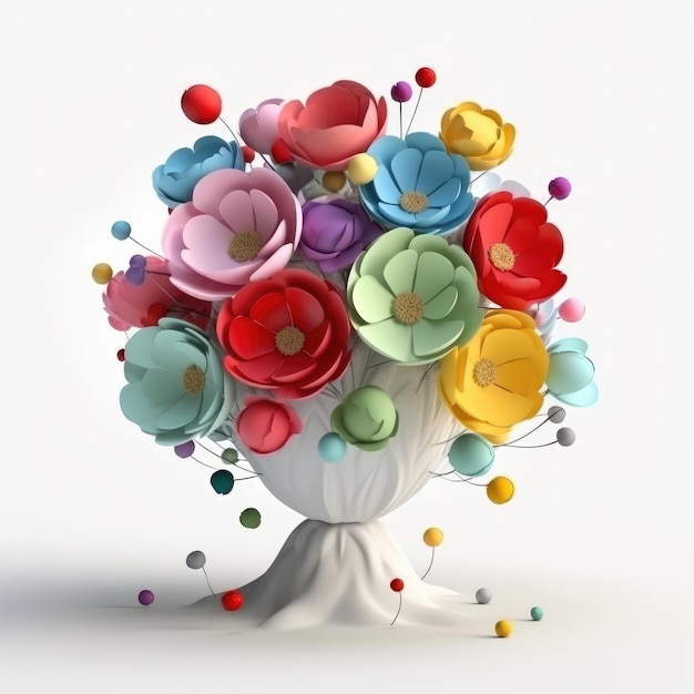 A vase of flowers is made of paper and has a colorful ball on it.