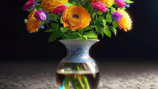 A vase of flowers is shown with a blue background.