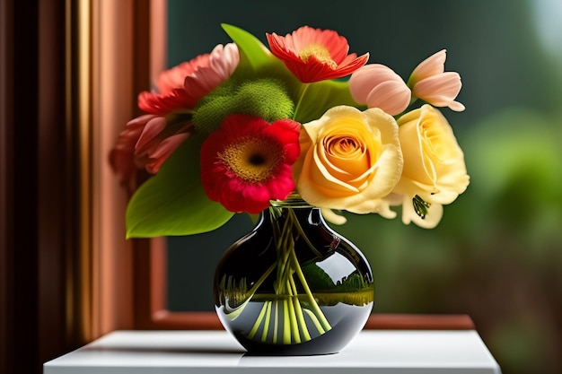 A vase of flowers is sitting on a window sill.