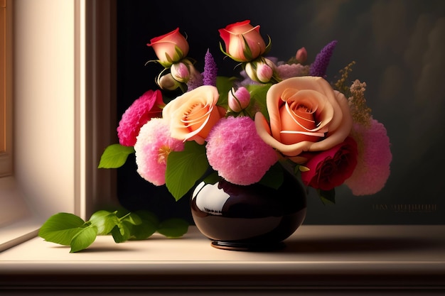 A vase of flowers is sitting on a window sill.