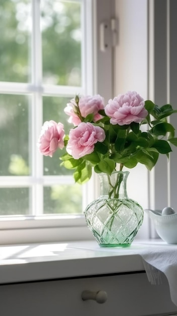 A vase of flowers is on a table by a window.