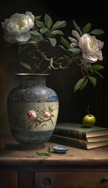 A vase of flowers is on a table with books and a book.