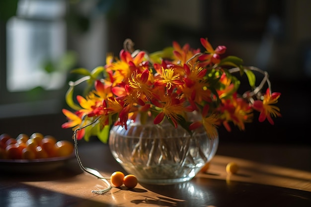 A vase of flowers is on a table with a bowl on the table.