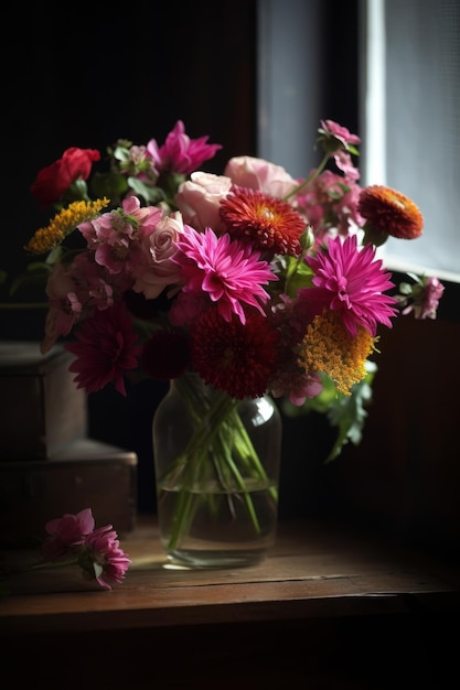 A vase of flowers is on a table with a flower on it.