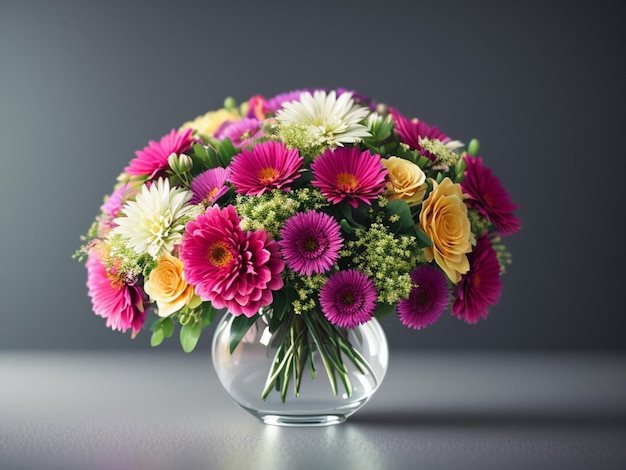 A vase of flowers is on a table with a grey background.