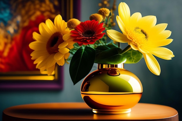 A vase of flowers is on a table with a picture behind it.