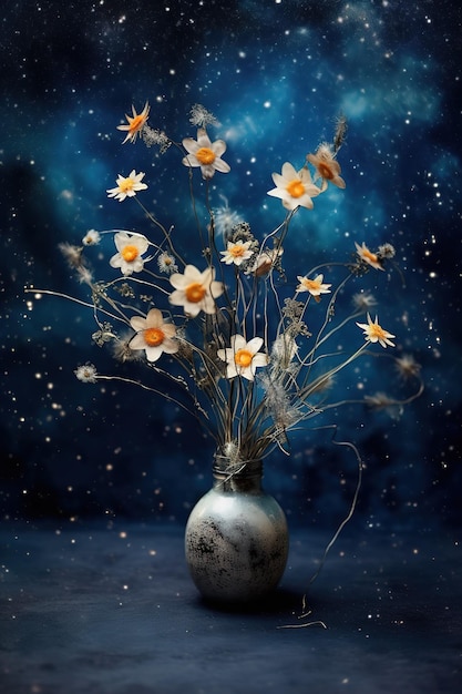 A vase of flowers is on a table with a starry sky behind it.