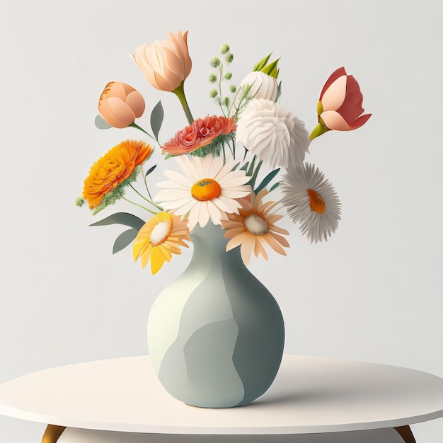 A vase of flowers is on a table with a white background