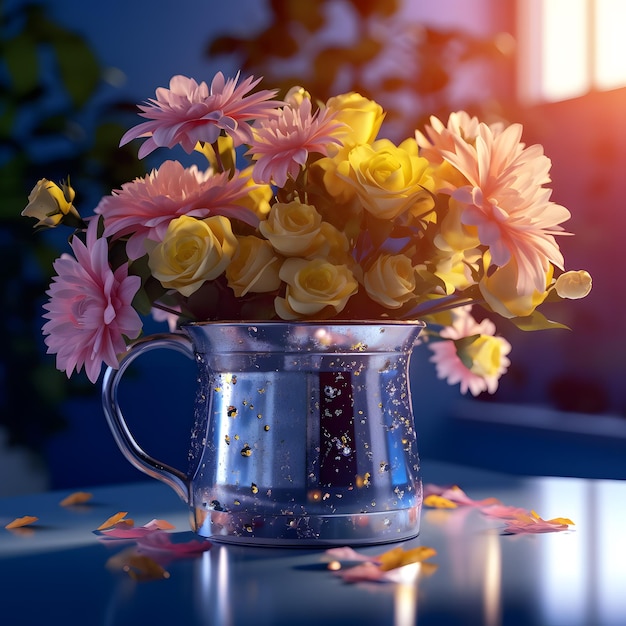 A vase of flowers is on a table with a window behind it.