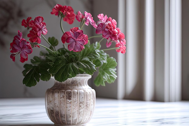 A vase of flowers is on a table with a window behind it.