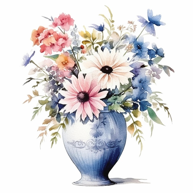 A vase of flowers is on a white background with a blue and white design.