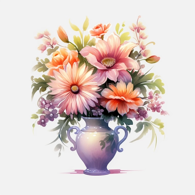 A vase of flowers is on a white background with a purple handle.
