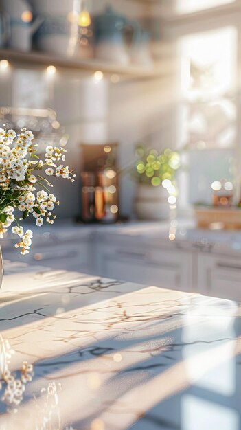 Foto un vaso di fiori su un bancone della cucina con una finestra sullo sfondo