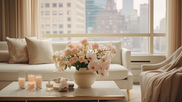 a vase of flowers sits on a coffee table in front of a window