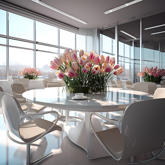 A vase of flowers sits on a table in a conference room.