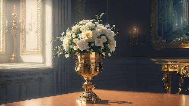 A vase of flowers sits on a table in a dark room.