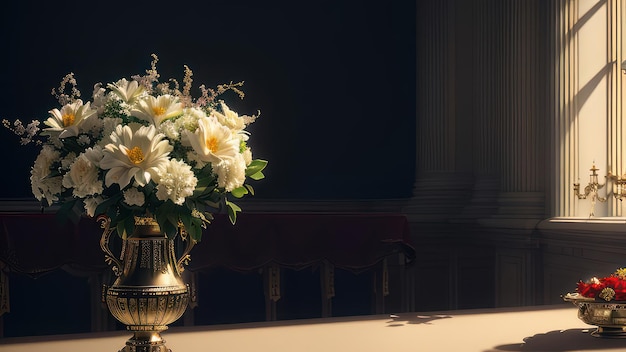 A vase of flowers sits on a table in a dark room.