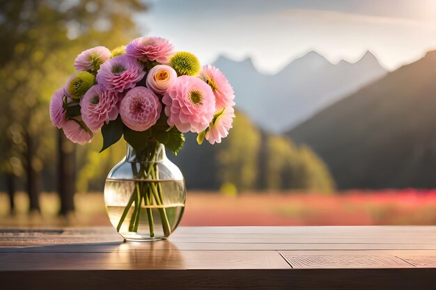 A vase of flowers sits on a table in front of a mountain view