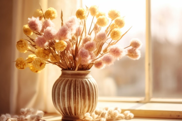 A vase of flowers sits on a table in front of a window.