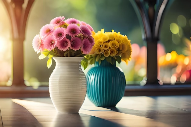 Foto un vaso di fiori si siede su un tavolo con una bottiglia di coca