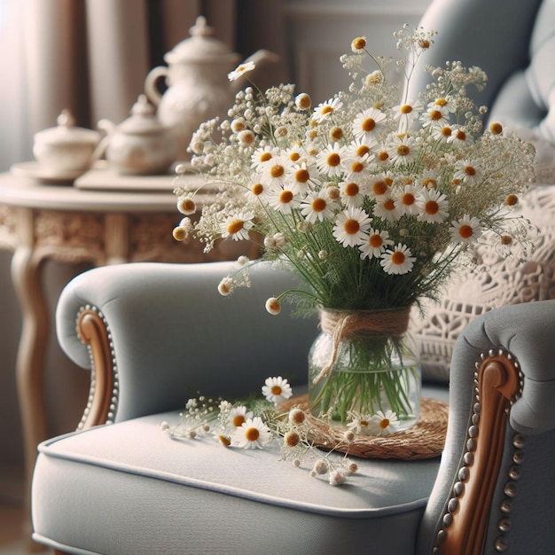 a vase of flowers sits on a table with a chair and a table with a vase of daisies