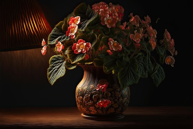 A vase of flowers sits on a table with a lamp behind it.