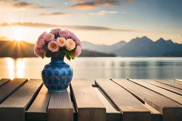 A vase of flowers sits on a table with a mountain view in the background.