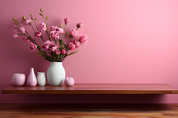 a vase of flowers sits on a table with a pink background.