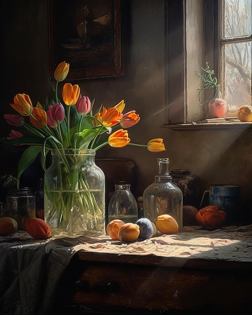 A vase of flowers sits on a table with a window behind it.