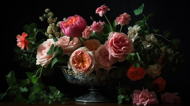 A vase of flowers sits on a table.