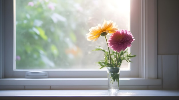 A vase of flowers sits on a windowsill with a bright sun shining through the window.