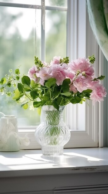 A vase of flowers sits on a windowsill with a curtain behind it.