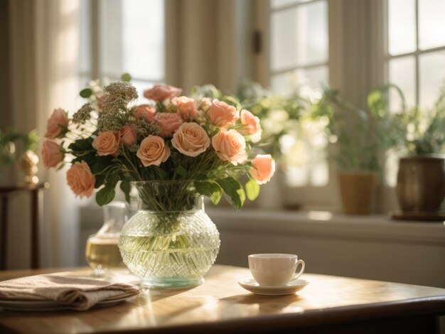 コーヒーのカップの隣のテーブルに座っている花瓶