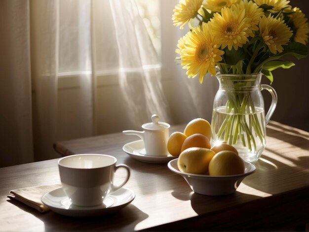 a vase of flowers sitting on top of a table next to a cup of coffee